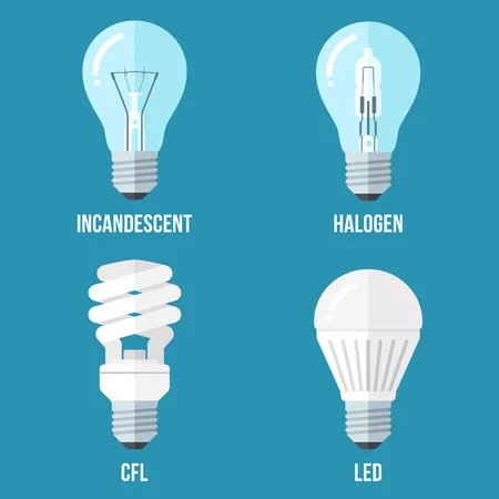 75273319 vector illustration of main electric lighting types incandescent light bulb halogen lamp cfl and led